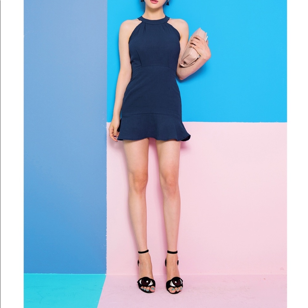 Black halter neck mini dress